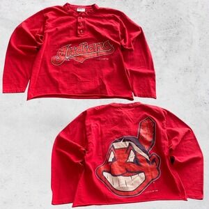 Vintage Cleveland Indians Shirt Medium 90s crop Henley Chief Wahoo Red Genus USA